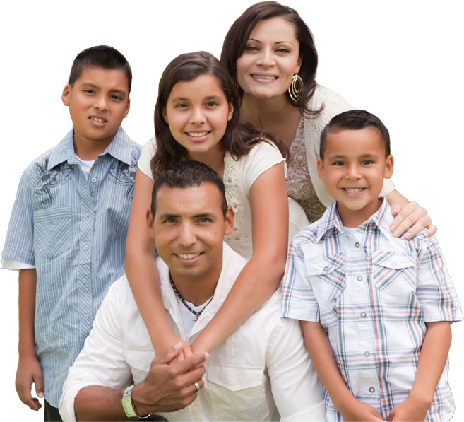 Family of 2 adults and 3 children grouped together for a family portrait